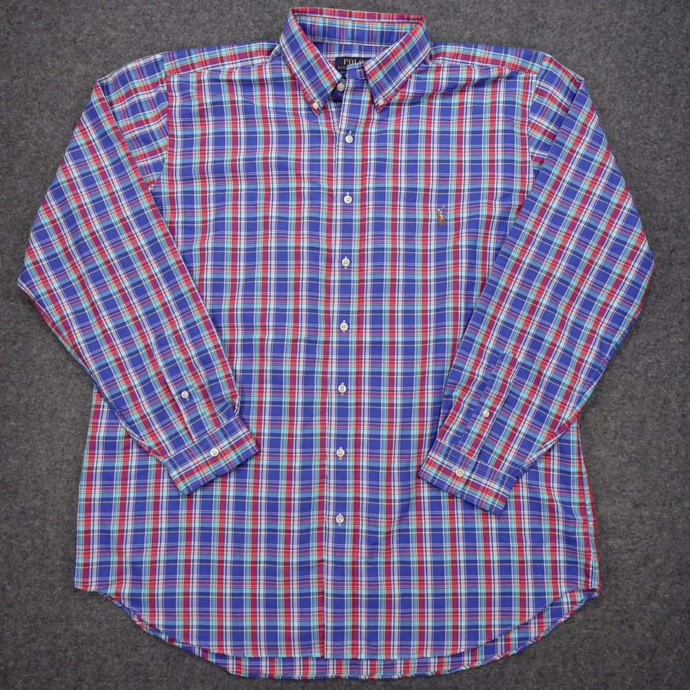 Polo Ralph Lauren Button Down Shirt Men's XLT Plaid Performance Fabric Blue